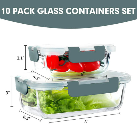 10 Pack Glass Meal Prep Containers With Airtight Lids filled with vegetables, 34oz and 12oz sizes, gray clips shown from side