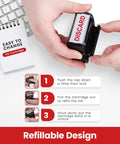 Hands demonstrating refill process of Self Inking Rubber Stamp For Quick Clean Impressions 9/16 By 1-1/2 Inch Imprint Area Refillable Ink