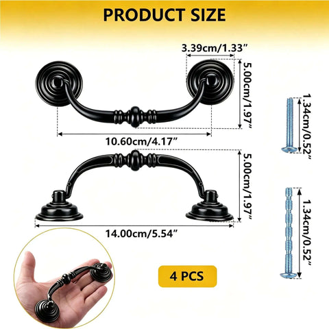Four Pack Antique Drawer Pulls In Black Finish, size dimensions with screws, shown in hand for scale