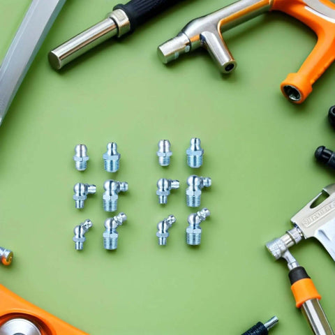 Get Your Factory Crew Hoppin' With This 100 Pc Sae Grease Fitting Kit Featuring Durable Galvanized Zerocks And Rapid Install For Heavy Machinery, Bearing Housings And Tough Mechanical Joints. 100 zinc SAE grease fittings on green background