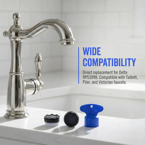 Two Pack Faucet Aerator Replacement For RP53998 Comes With Removal Wrench M21.5 Thread And 2.2 Gpm Water Flow Control Knockout Performance, installed on kitchen faucet.