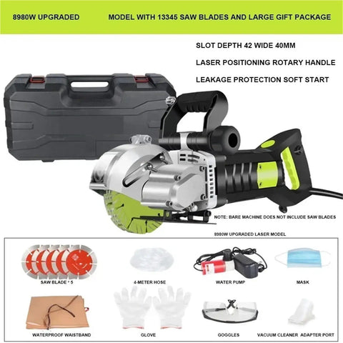 Heavy Duty Workhorse Handheld Wall Slotting Machine And Laser Guided Brick Concrete Groove Cutter with accessories and case.