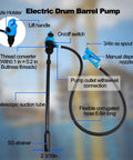 Electric Drum Pump features lifting handle, adjustable suction tube, manual nozzle, and 6.6 inch flexible hose.