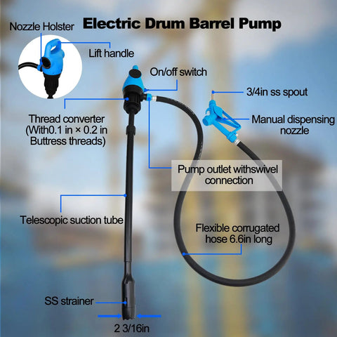 Electric Drum Pump features lifting handle, adjustable suction tube, manual nozzle, and 6.6 inch flexible hose.