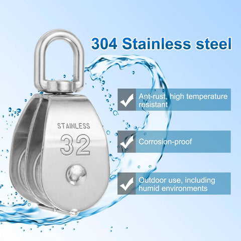 M30 Pulley Block Two Pack With One Single And One Double Pulley 304 Stainless Steel Heavy Duty Beefy Lift System For Wire Rope 551 Lbs Load Capacity Indoor Outdoor Use Swivel Hook Compatible 32 304 stainless steel pulley block