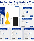 Hassle Free White Wall Repair Paste Kit With Built In Scraper For Quick Hole And Crack Patching showing tube, scraper, and repair examples.