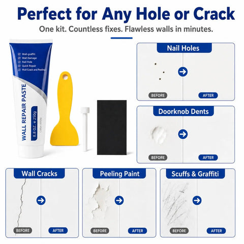 Hassle Free White Wall Repair Paste Kit With Built In Scraper For Quick Hole And Crack Patching showing tube, scraper, and repair examples.