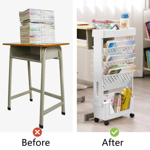 Before and after view of a cluttered desk and organized area with a White Rolling Office Paper Organizer With Mobile Book Cart, Document Folder Storage, Pen Holder, Slim Rolling Storage Cart For Office, Dorm, Classroom Or Nursery, Lockable Wheels For Secure When Parked.