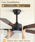 Slick 52 Inch Ceiling Fan With Flat Out Bright Light Smart App Control Dimmable Lamps Smooth Color Temperature Adjustment Sleek Black Finish installation process showing hands connecting fan components.