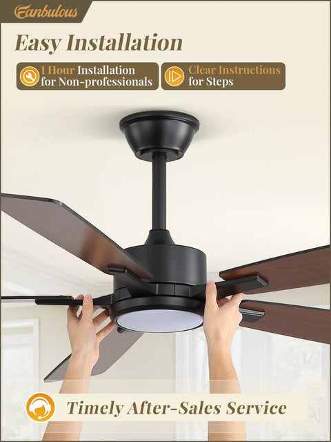 Slick 52 Inch Ceiling Fan With Flat Out Bright Light Smart App Control Dimmable Lamps Smooth Color Temperature Adjustment Sleek Black Finish installation process showing hands connecting fan components.