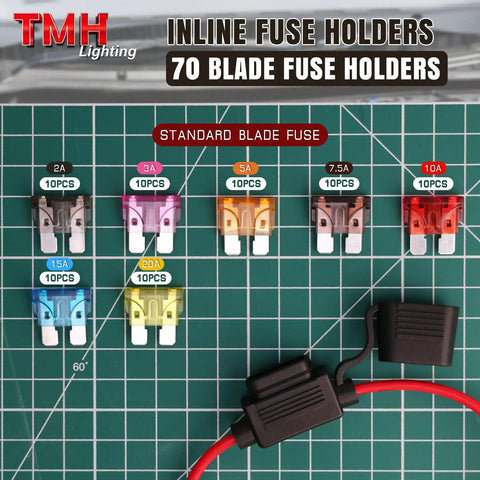 Inline fuse holders from Sweet Ride Essentials 10 Piece Atc Ato Inline Fuse Cable Kit with 70 blade fuses displayed on a grid.