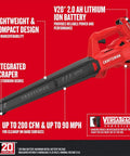 20V Max Cordless Leaf Blower With Battery And Charger, red design with integrated scraper and tool specs displayed