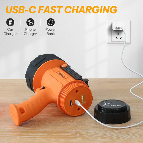 Rechargeable Spotlight With USB-C Fast Charge, Beast Bright 800 Lumen Handheld Flashlight connected to wall socket