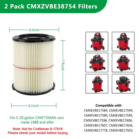 Red Stripe General Purpose Vacuum Filter 2 Pack For 5 To 20 Gallon Shop Vacs Fits CMXZVBE38754 diagram and compatibility list