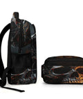 Side view of Ornate Dark Royal Skull Printed Unisex Backpack With Large Capacity, Durable Polyester, comfortable mesh pockets