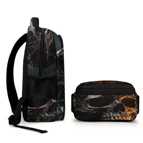 Side view of Ornate Dark Royal Skull Printed Unisex Backpack With Large Capacity, Durable Polyester, comfortable mesh pockets