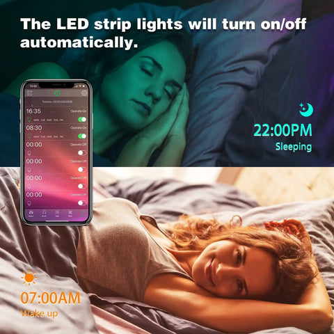 Bluetooth LED Strip Lights 100 Ft With Music Sync in bedroom, app control interface, sleep and wake-up settings visible on phone.