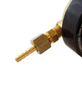 Inert gas regulator close-up showing brass barbed inlet fitting on a black regulator body