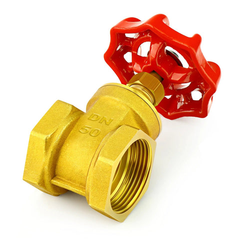 2-inch brass gate valve with red wheel handle and female x female threaded ends