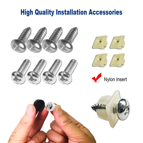 Installation hardware for Matte Black Aluminum License Plate Frames 2 Pack Heavy Duty Car Tag Covers including screws and caps.
