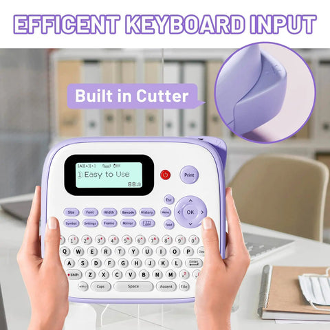 Handheld Electric Label Maker With Keyboard And BZ Laminated Tapes Offering Super Slick Operation showing built-in cutter and keyboard input