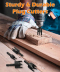 Pro Wood Plug Cutter Set for Woodworking Pros cutting a plug into wood with drill, showing straight and tapered cutters, four sizes visible.