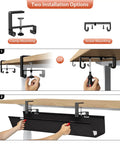 Installation diagram for 36 Inch Under Desk Cable Management Tray with clamp and screws, showing clamp and screw mounting options.
