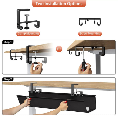 Installation diagram for 36 Inch Under Desk Cable Management Tray with clamp and screws, showing clamp and screw mounting options.