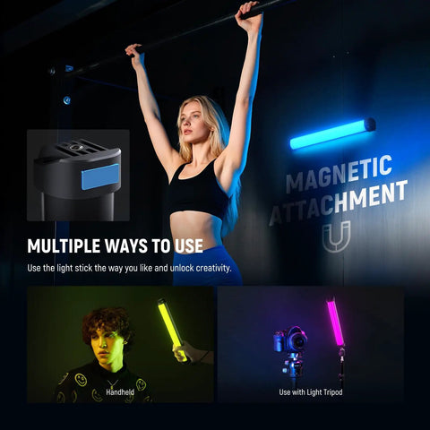 Basics 12 Inch Magnetic RGB Light Wand Dimmable 8W LED With 51 RGB Modes shown in use for video recording with magnetic attachment.