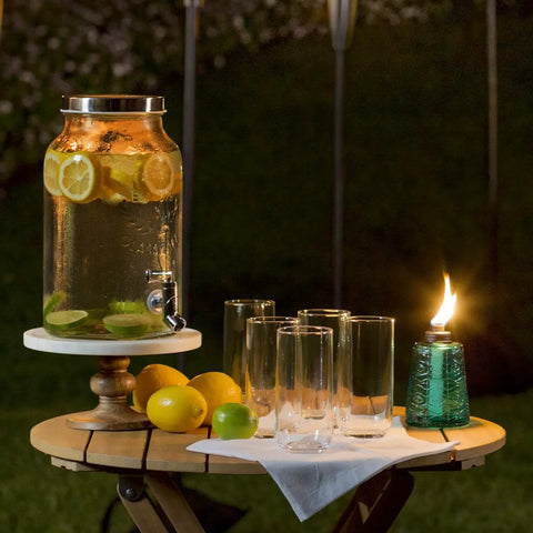 Set Of 3 Molded Glass Tabletop Torches In Rio Red, Key Lime Green, And Ocean Blue For Outdoor Lawn, Patio And Garden Lighting