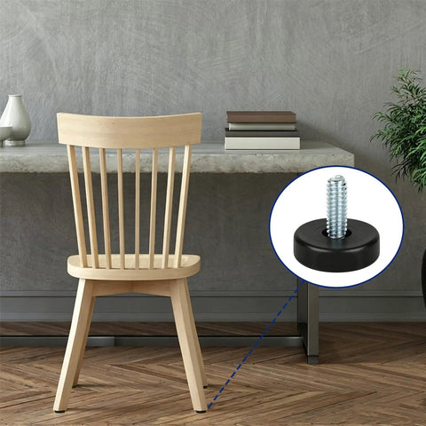 Kick The Wobble With Legit Heavy Duty Adjustable Furniture Levelers featuring a close-up of the threaded leveling foot for a wooden chair.