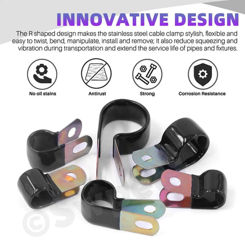 Vinyl-coated cable clamps from Go To DIY Cable Clamp And Hardware Kit With 161 Piece Bundle Including 64 Vinyl Coated Cable Clamps In 5mm To 25mm Range And One Quarter Inch Hole Plus 95 Hex Screws Nuts Self Drilling Screws And Rubber Cushioned Clips For Pipes And Wires