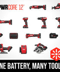 PWRCORE 12 tool set showcasing various cordless tools, emphasizing versatility with one battery system.