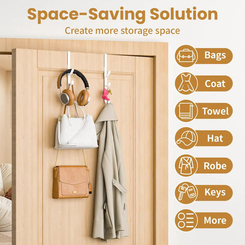 Over The Door Hooks Hanger 2 Pack White, Sturdy Metal Door Organizer For Coats Clothes Backpacks Hats And Towels, EVA Protection Pads
