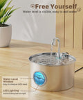 Stainless Steel Cat Water Fountain For Quiet Hydration And Easy Living, 74oz 2.2L Pet Fountain With LED light on wooden floor
