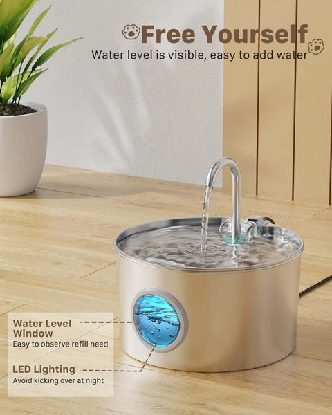 Stainless Steel Cat Water Fountain For Quiet Hydration And Easy Living, 74oz 2.2L Pet Fountain With LED light on wooden floor