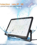 JUDYSSY Solar Flood Lights 100W Led Floodlight with IP66 rating and water splashes, showcasing durability for outdoor use.
