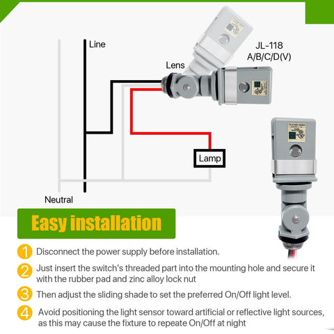 Installation diagram of Two Pack Waterproof Photocell Sensors For Outdoor Lights, showing wiring and components with easy steps.
