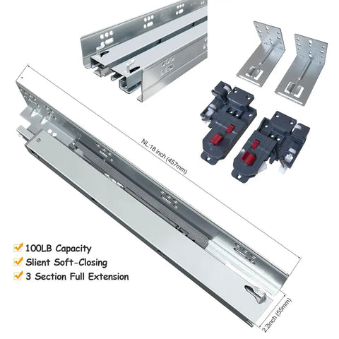 Four Pair 18 Inch Undermount Soft Close Drawer Slides Full Extension Concealed Bottom Mount with 3D Adjustable Lock Rear Brackets, showcasing steel slides and brackets.