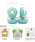 Outdoor Roller Skate Wheels 38mm By 62mm 80A Turquoise 4 Pack Durable Urethane For Park Ramps, showing wheel dimensions and usage icons.