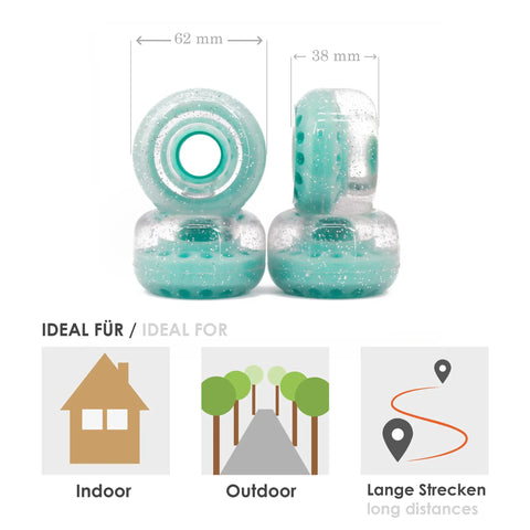 Outdoor Roller Skate Wheels 38mm By 62mm 80A Turquoise 4 Pack Durable Urethane For Park Ramps, showing wheel dimensions and usage icons.