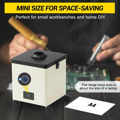 Powerful 100W Solder Smoke Fume Extractor with 3 Stage Filtration and wheels beside a person soldering in home shop.