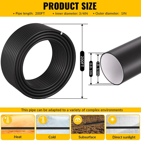 Diagram of 3/4 Inch By 200 Ft Black HDPE Air Piping Kit showing dimensions and environment adaptability for shop and garage use