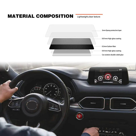 Mazda Real Carbon Fiber Start Stop Button Cover Trim Sticker For Mazda 3 6 CX3 CX5 CX9 MX5 Miata Sporty Vibe Look Easy Fit Keyless Engine Start Button Accent And Protective Trim Red shown in car interior with material composition diagram.