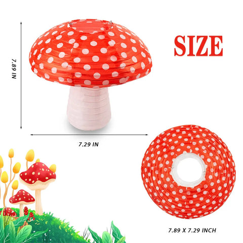 Six Pack Mushroom Paper Lanterns Set For Party Decor And Nursery Ornaments, red and white 3D mushroom, 7.89 x 7.29" size