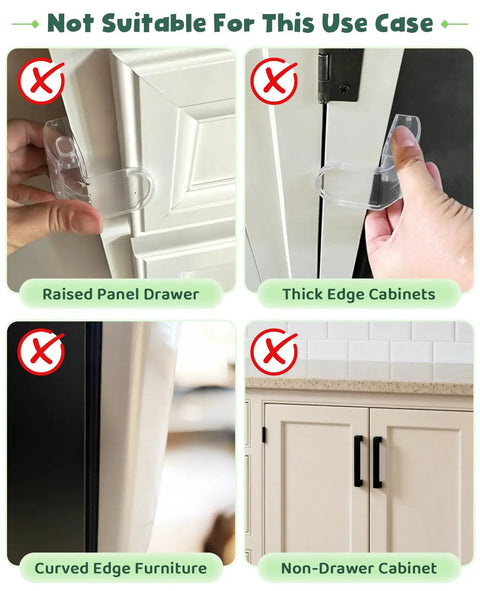 Image showing incorrect use cases for Six Pack Clear Baby Drawer Locks Zero Sweat Install for raised panel and thick edge cabinets.