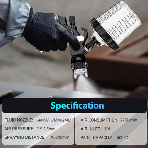 Pro Grade HVLP Spray Gun Kit With 1.4mm, 1.7mm And 2mm Nozzles, Air Regulator, And 10 Durable 600cc Cups With Lids in use