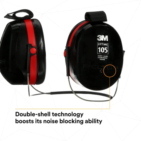 Optime 105 Behind The Head Earmuffs For Industrial Use NRR 27 To 30 dB showing double shell design, red/black color