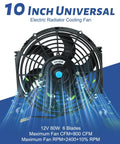 Knockout 10 Inch 12 Volt Universal Slim Pull Push Electric Radiator Cooling Fan with mounting kit showing front view and specs.