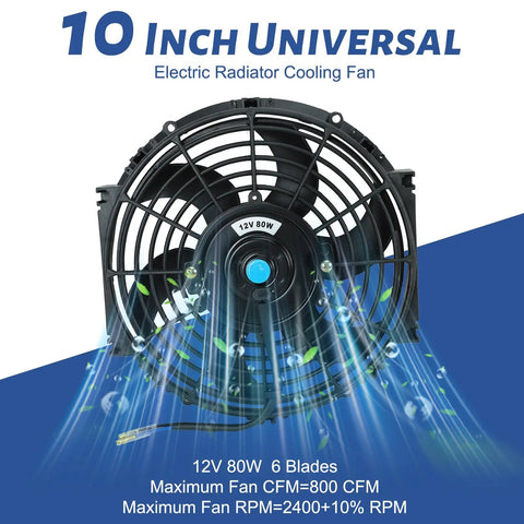Knockout 10 Inch 12 Volt Universal Slim Pull Push Electric Radiator Cooling Fan with mounting kit showing front view and specs.